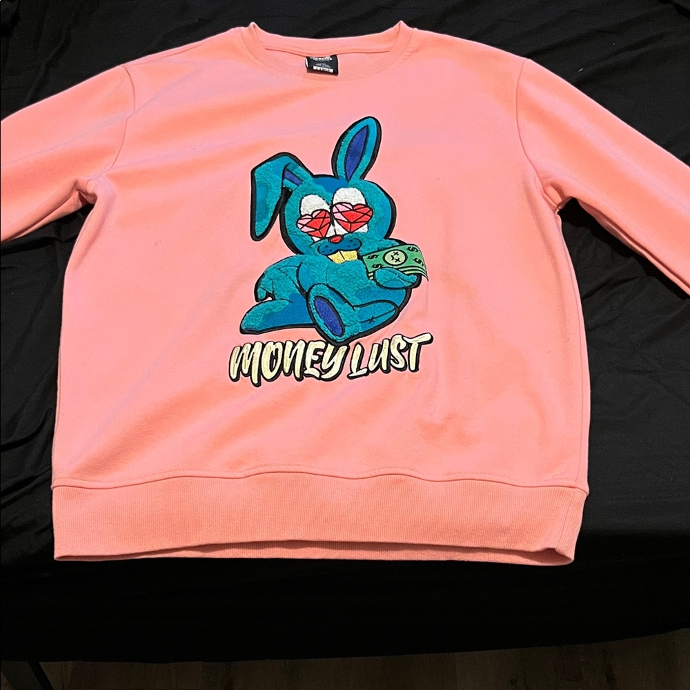 Pink Sweatshirt with Blue Graphic Bunny